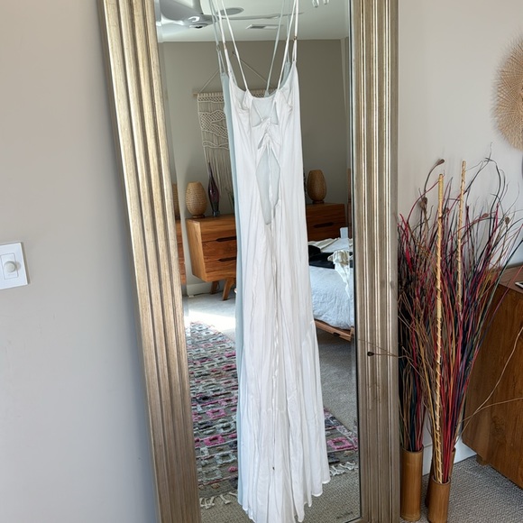 Indah Open Back Cross Tie Ruffle Bottom White Maxi Dress - Picture 3 of 6